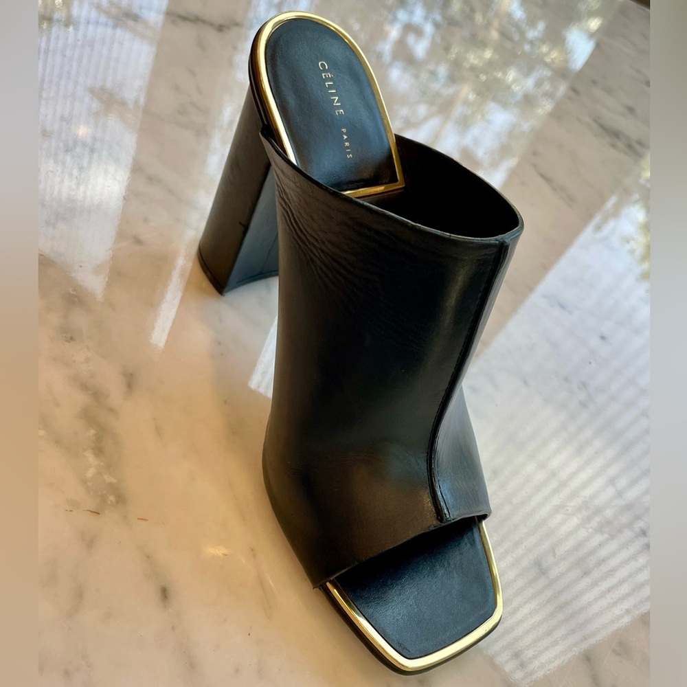Celine Leather Slides, black w/gold trim, 4” block heel, EUC, 36.5 - Picture 3 of 14